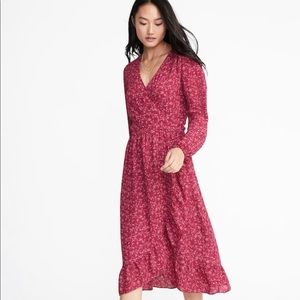 Waist-Defined Ruffle-Trim Faux-Wrap Georgete Dress